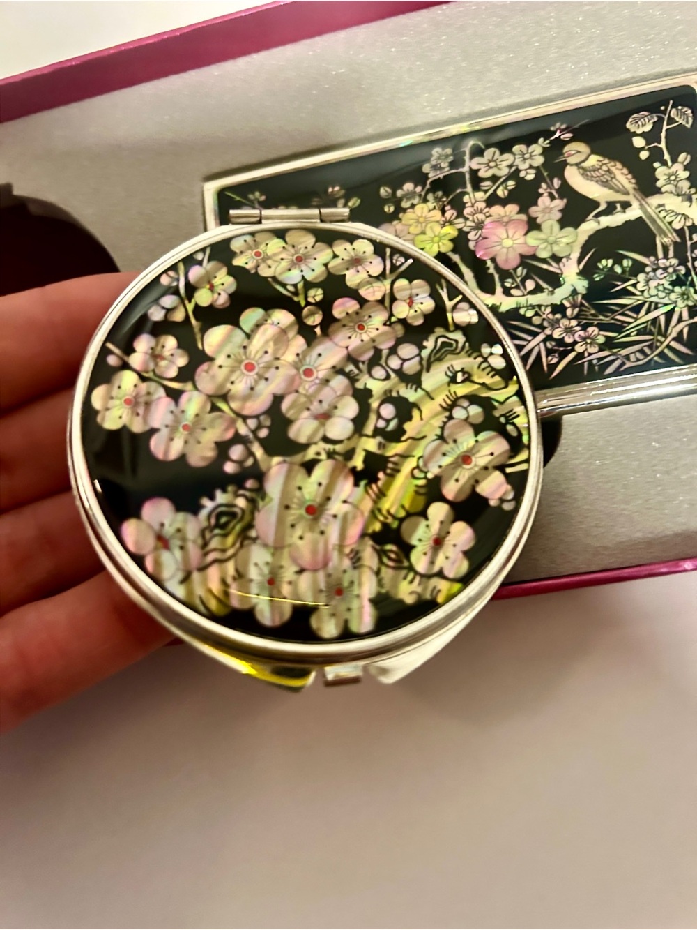 *New in Box* Korean Mother of Pearl Mirror & Business Card Holder Gift Set